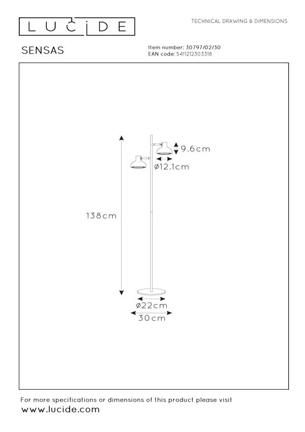 Lucide SENSAS - Vloerlamp - 2xGU10 (ES111) - Zwart - technisch